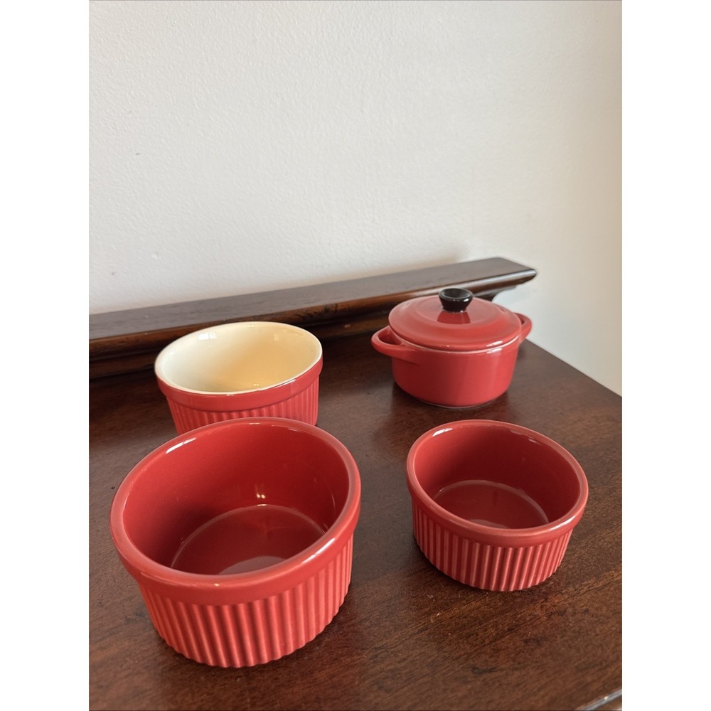 5 Pc Crofton Red/white Ceramic Ribbed Ramekins Oven/Microwave/Dishwasher Safe